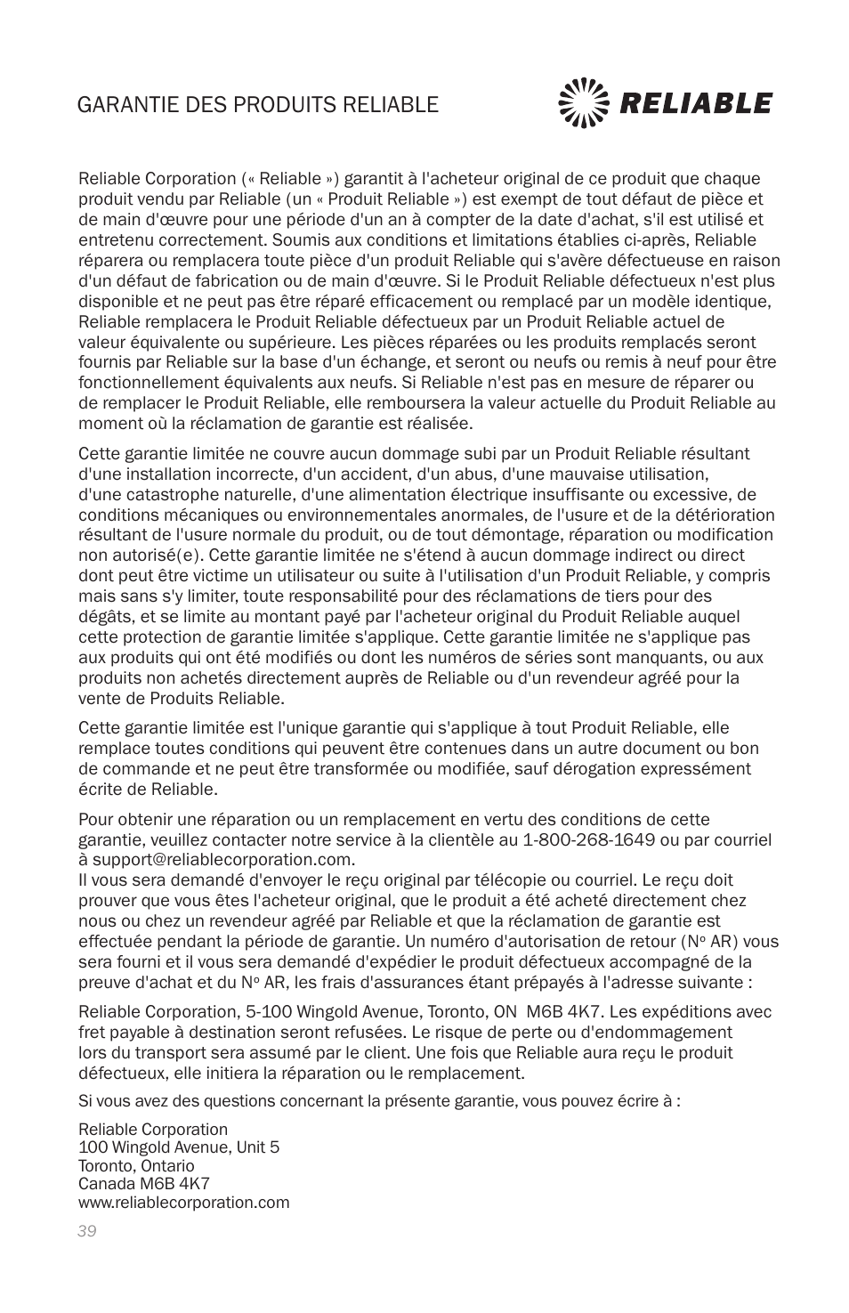 Garantie des produits reliable | Reliable 2000CV User Manual | Page 42 / 64