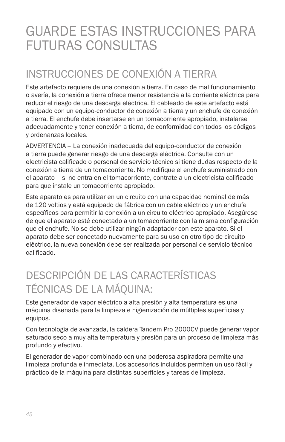 Guarde estas instrucciones para futuras consultas, Instrucciones de conexión a tierra | Reliable 2000CV User Manual | Page 48 / 64