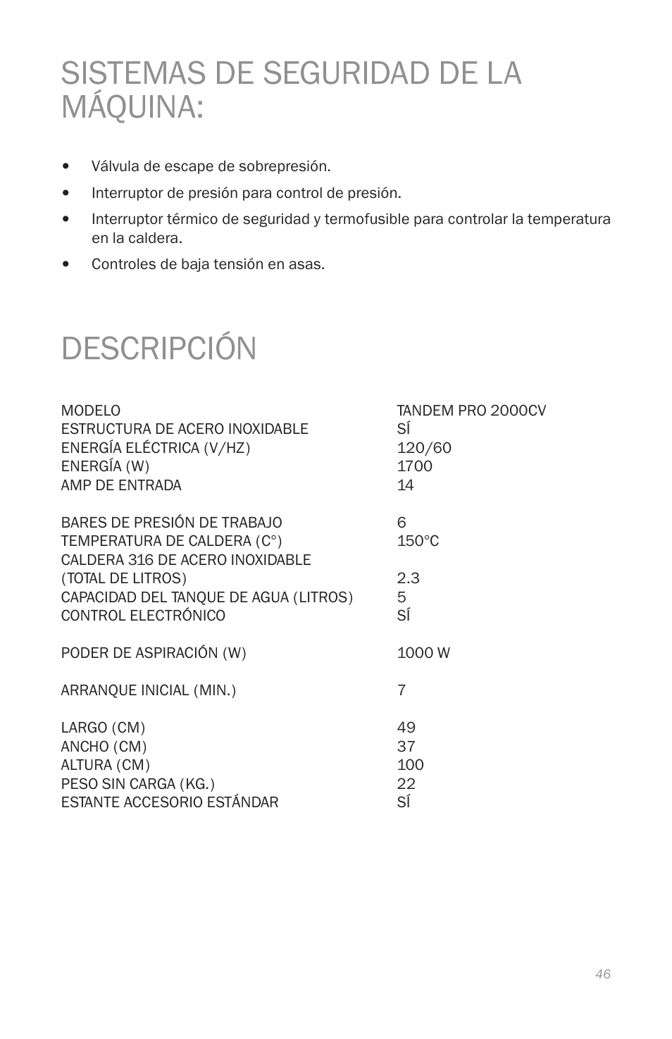 Sistemas de seguridad de la máquina, Descripción | Reliable 2000CV User Manual | Page 49 / 64