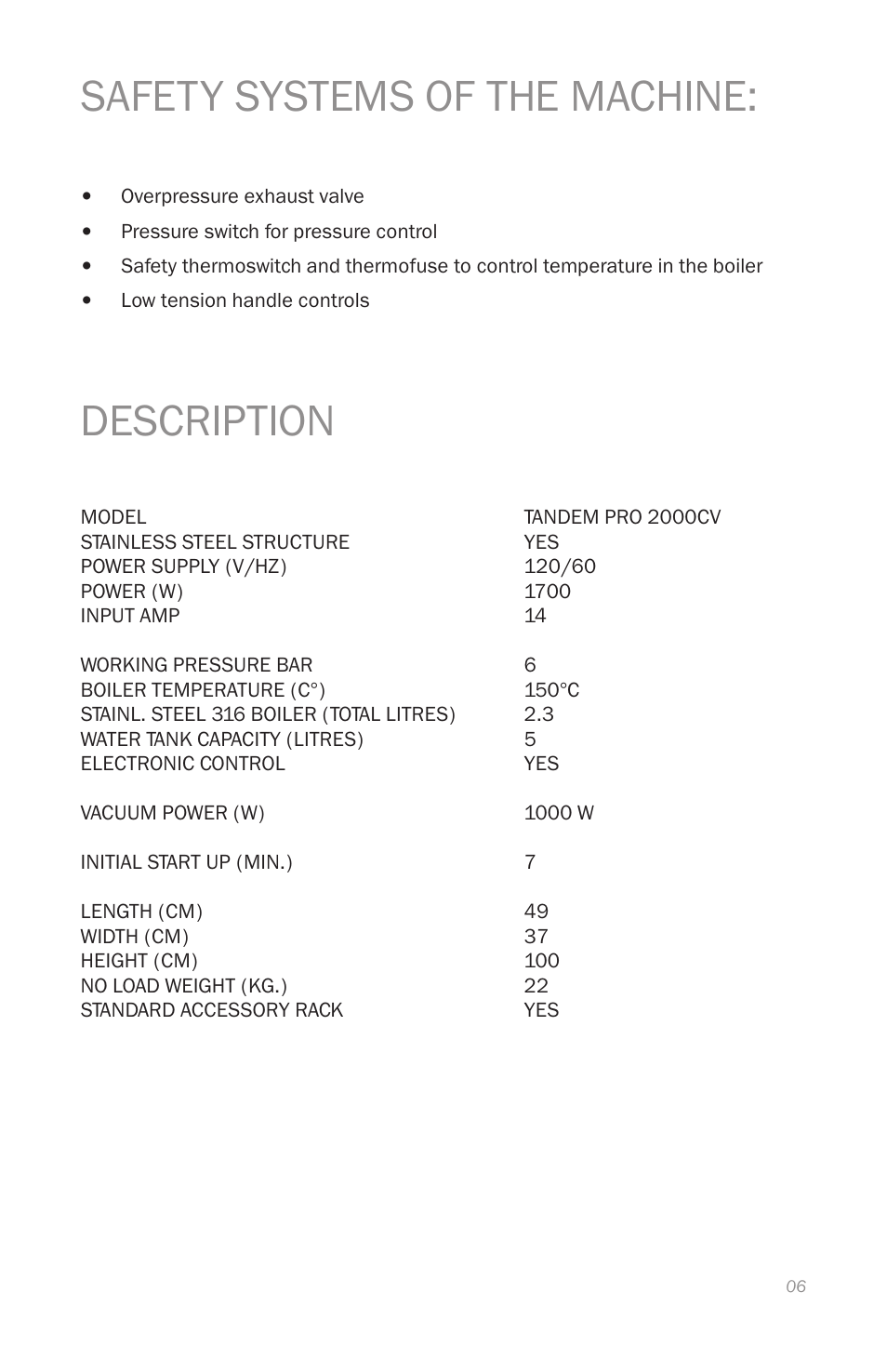 Safety systems of the machine, Description | Reliable 2000CV User Manual | Page 9 / 64