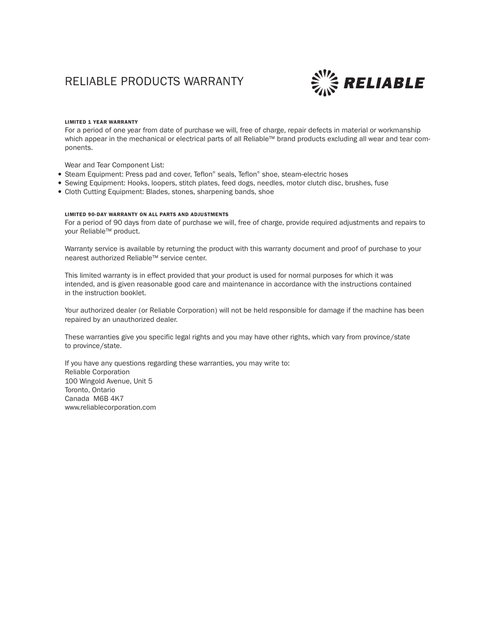 Reliable products warranty | Reliable 8000S User Manual | Page 2 / 2