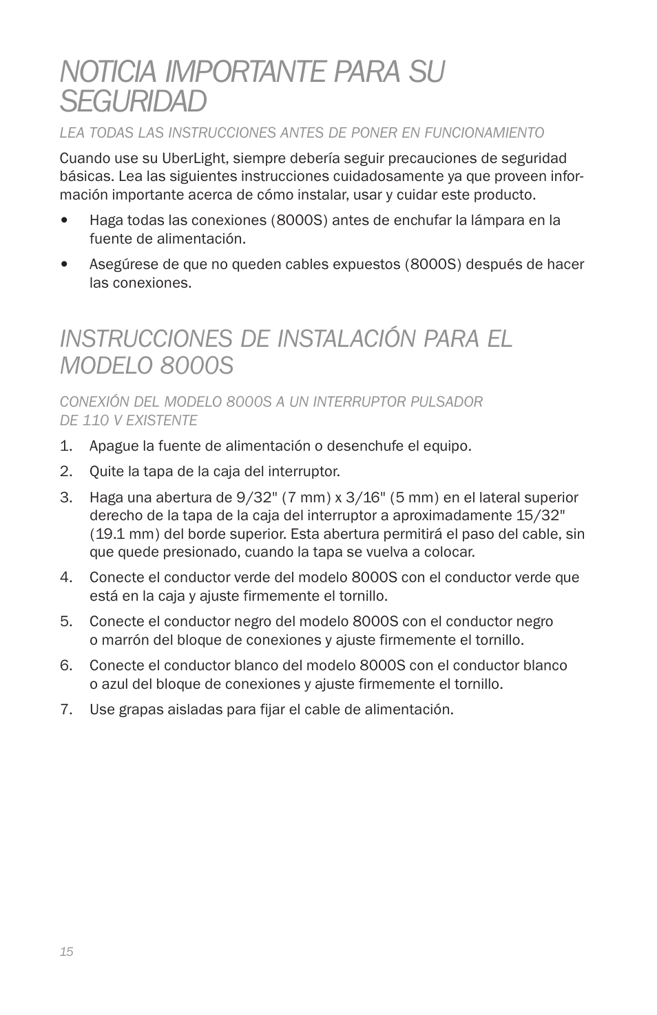 Noticia importante para su seguridad, Instrucciones de instalación para el modelo 8000s | Reliable 8000 User Manual | Page 18 / 24