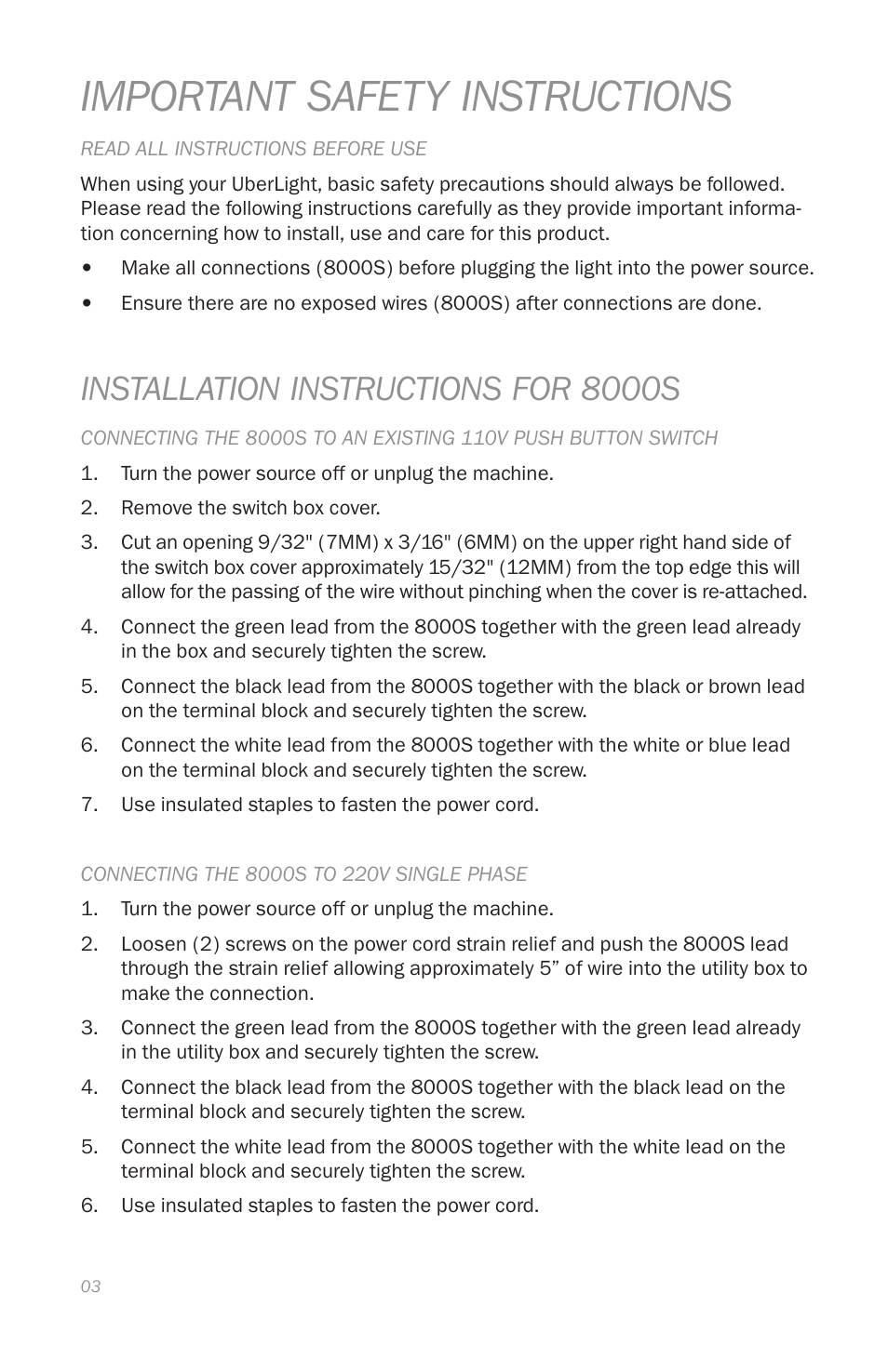 Important safety instructions, Installation instructions for 8000s | Reliable 8000 User Manual | Page 6 / 24