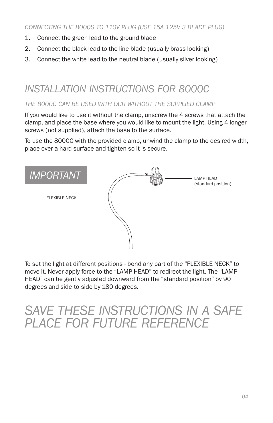 Installation instructions for 8000c, Important | Reliable 8000 User Manual | Page 7 / 24