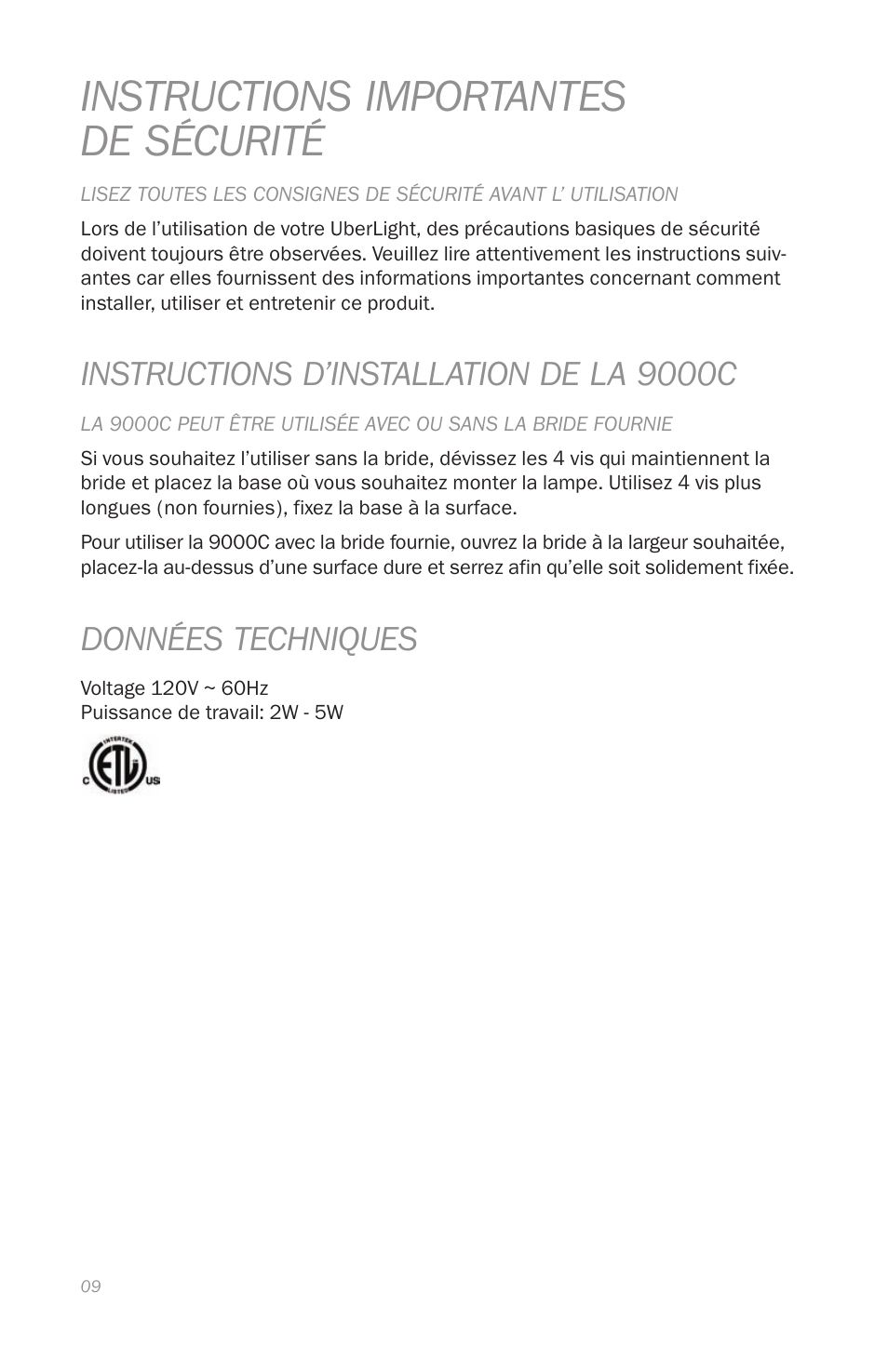 Instructions importantes de sécurité, Instructions d’installation de la 9000c, Données techniques | Reliable 9000C User Manual | Page 12 / 24