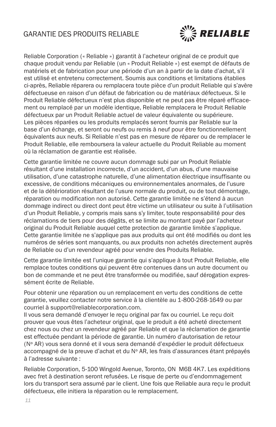 Garantie des produits reliable | Reliable 9000C User Manual | Page 14 / 24