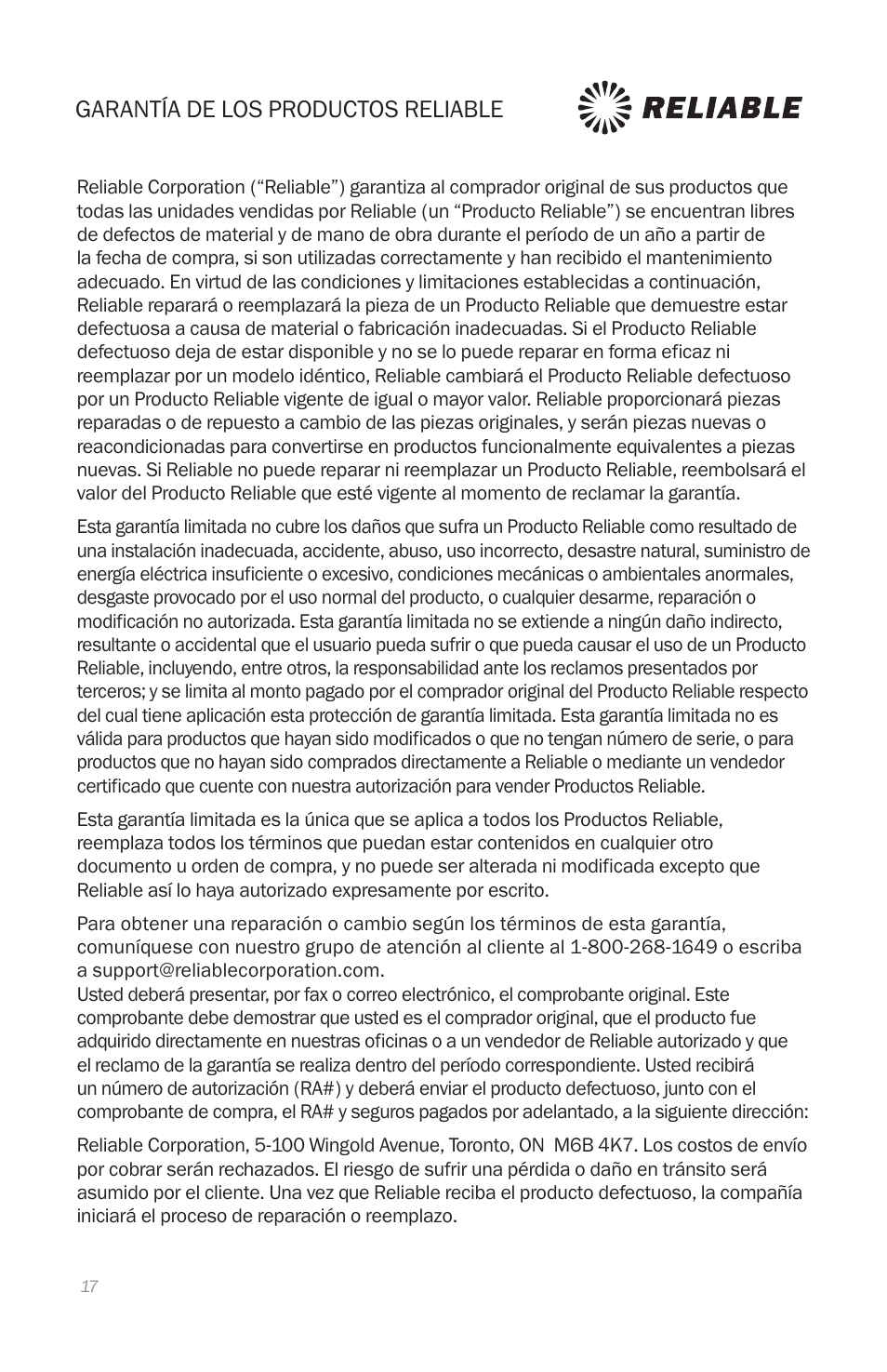 Garantía de los productos reliable | Reliable 9000C User Manual | Page 20 / 24