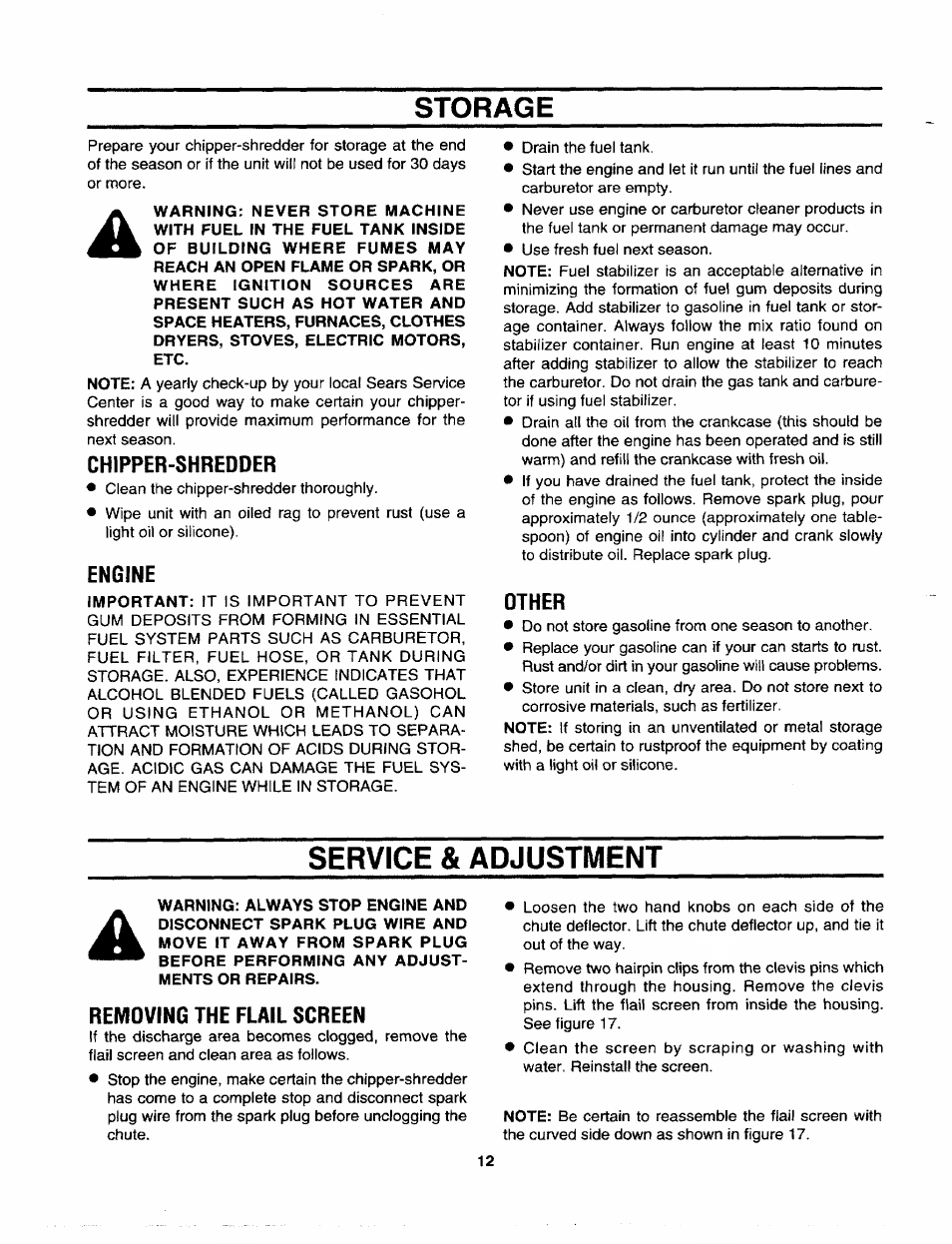 Storage, Chipper-shredder, Engine | Other, Removing the flail screen, Service & adjustment | Craftsman 247.795940 User Manual | Page 12 / 36