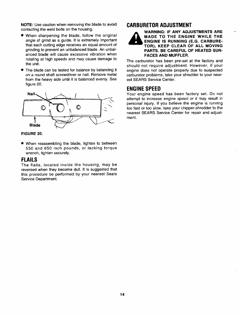 Carburetor adjustment, Engine speed, Flails | Craftsman 247.795940 User Manual | Page 14 / 36