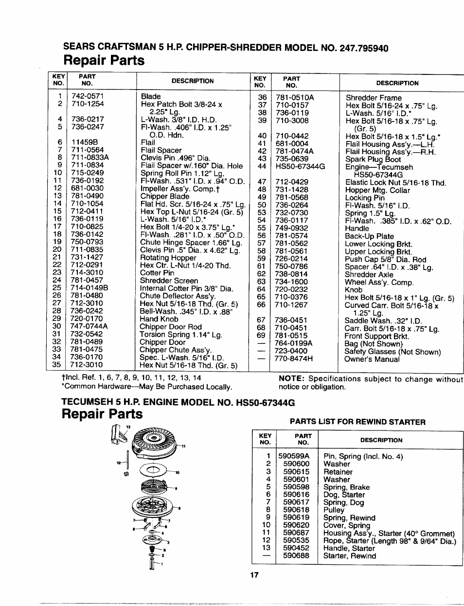 Repair parts | Craftsman 247.795940 User Manual | Page 17 / 36