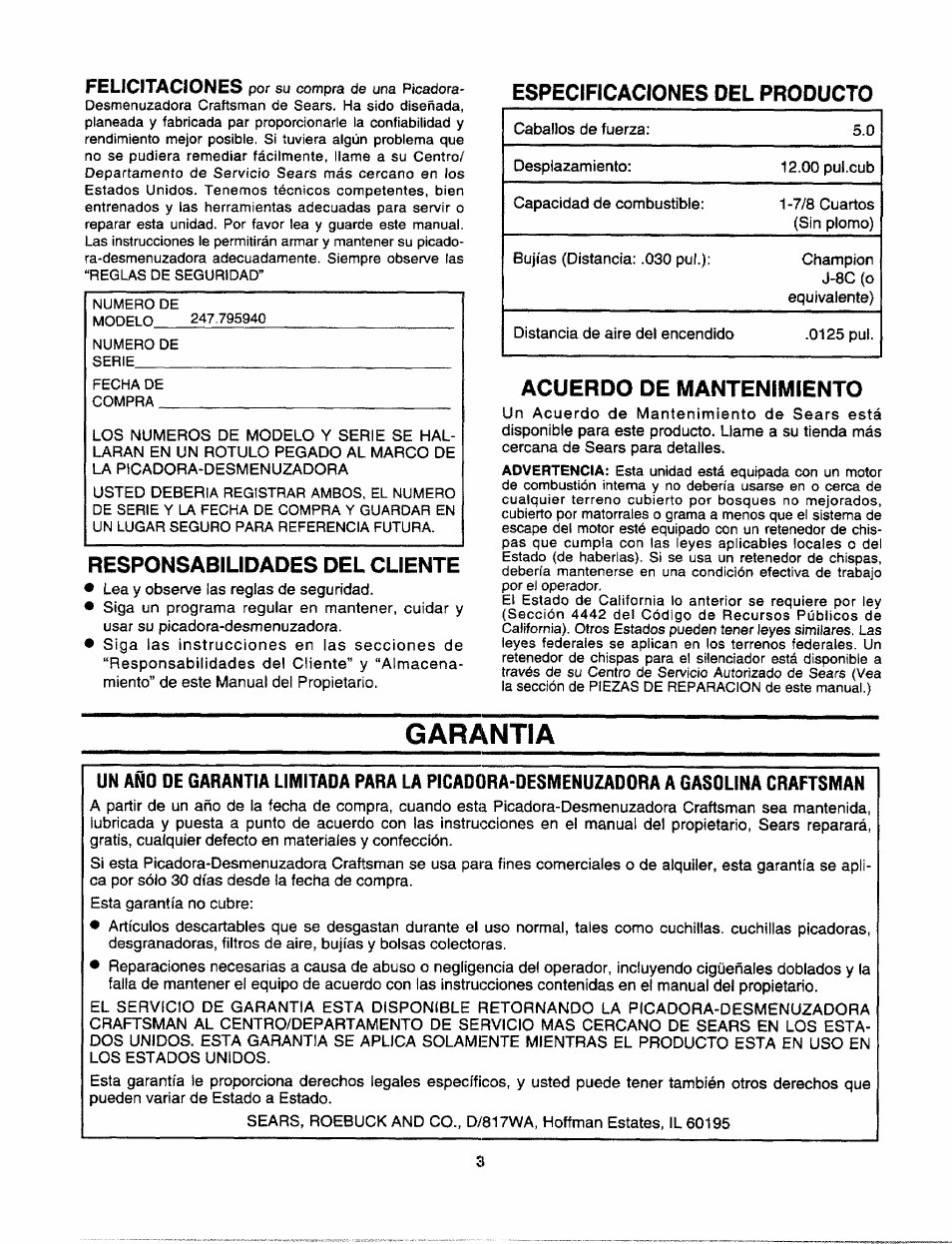 Responsabilidades del cliente, Acuerdo de mantenimiento, Garantia | Especificaciones del producto, Felicitaciones | Craftsman 247.795940 User Manual | Page 23 / 36