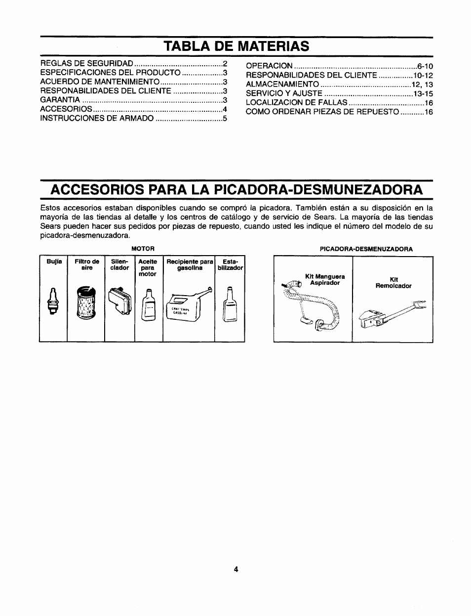 Tabla de materias, Accesorios para la picadora-desmunezadora | Craftsman 247.795940 User Manual | Page 24 / 36