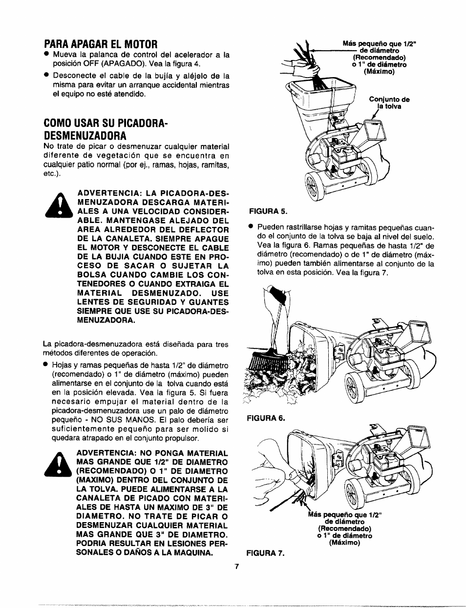 Para apagar el motor, Como usar su picadora- desmenuzadora | Craftsman 247.795940 User Manual | Page 27 / 36