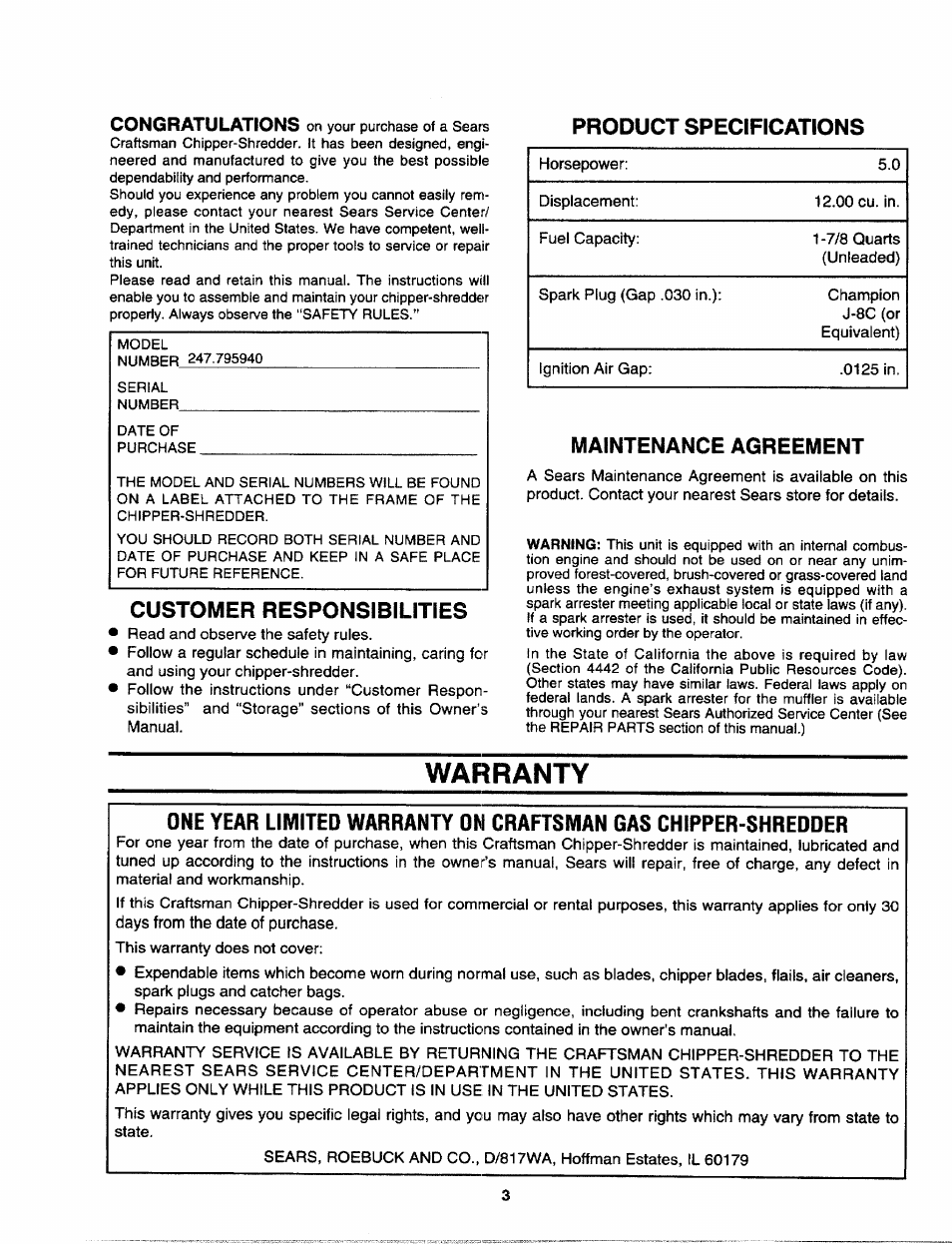 Product specifications, Customer responsibilities, Maintenance agreement | Warranty | Craftsman 247.795940 User Manual | Page 3 / 36