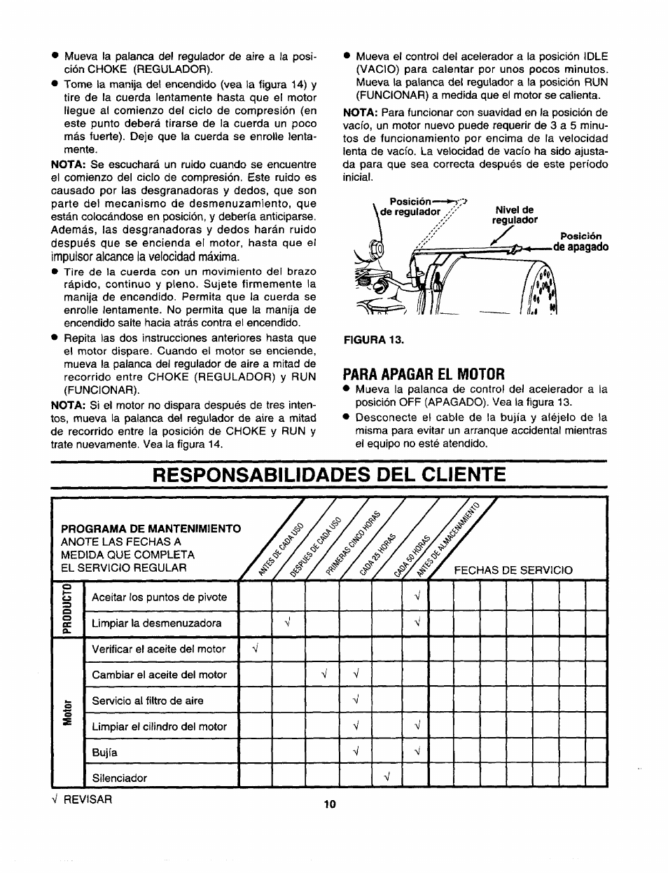 Para apagar el motor, Responsabilidades del cliente, Responabilidades del cuente -12 | Craftsman 247.795940 User Manual | Page 30 / 36