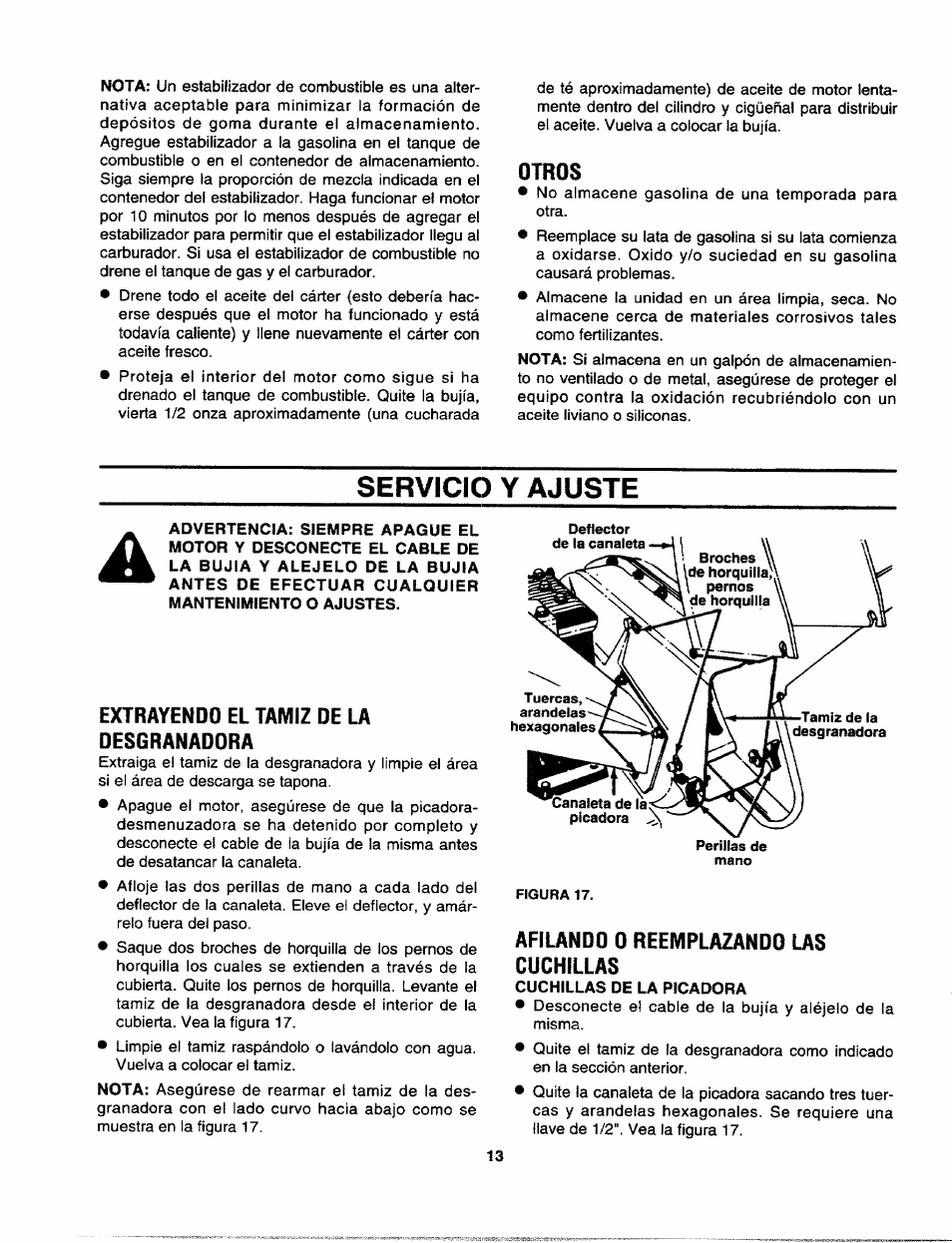 Otros, Servicio y ajuste, Extrayendo el tamiz de la desgranadora | Afilandd 0 reemplazando las cuchillas, Servicio y ajuste -15 | Craftsman 247.795940 User Manual | Page 33 / 36