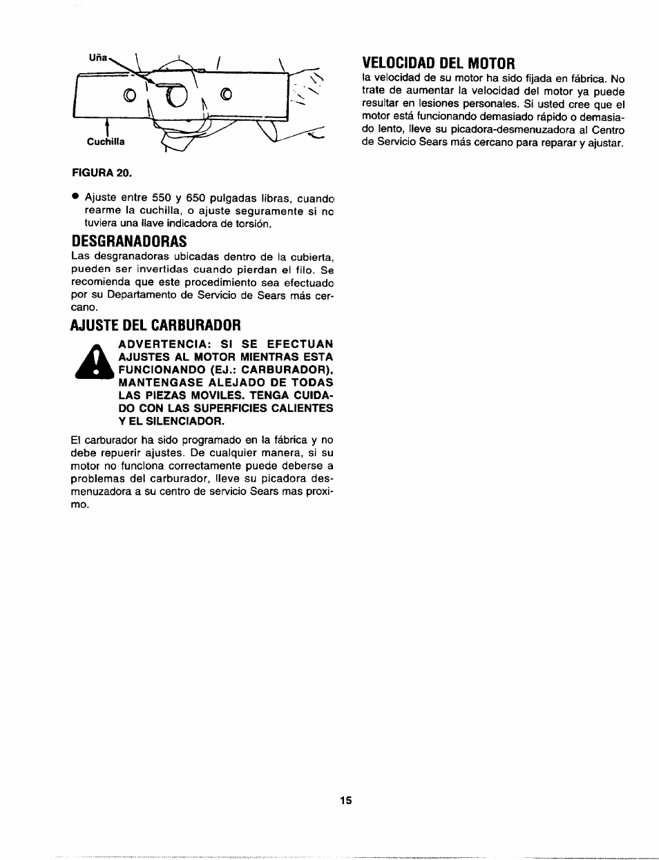 Velocidad del mdtor, Desgranadoras, Ajuste del carburador | Craftsman 247.795940 User Manual | Page 35 / 36