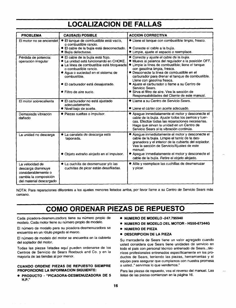 Localizacion de fallas, Como ordenar piezas de repuesto | Craftsman 247.795940 User Manual | Page 36 / 36