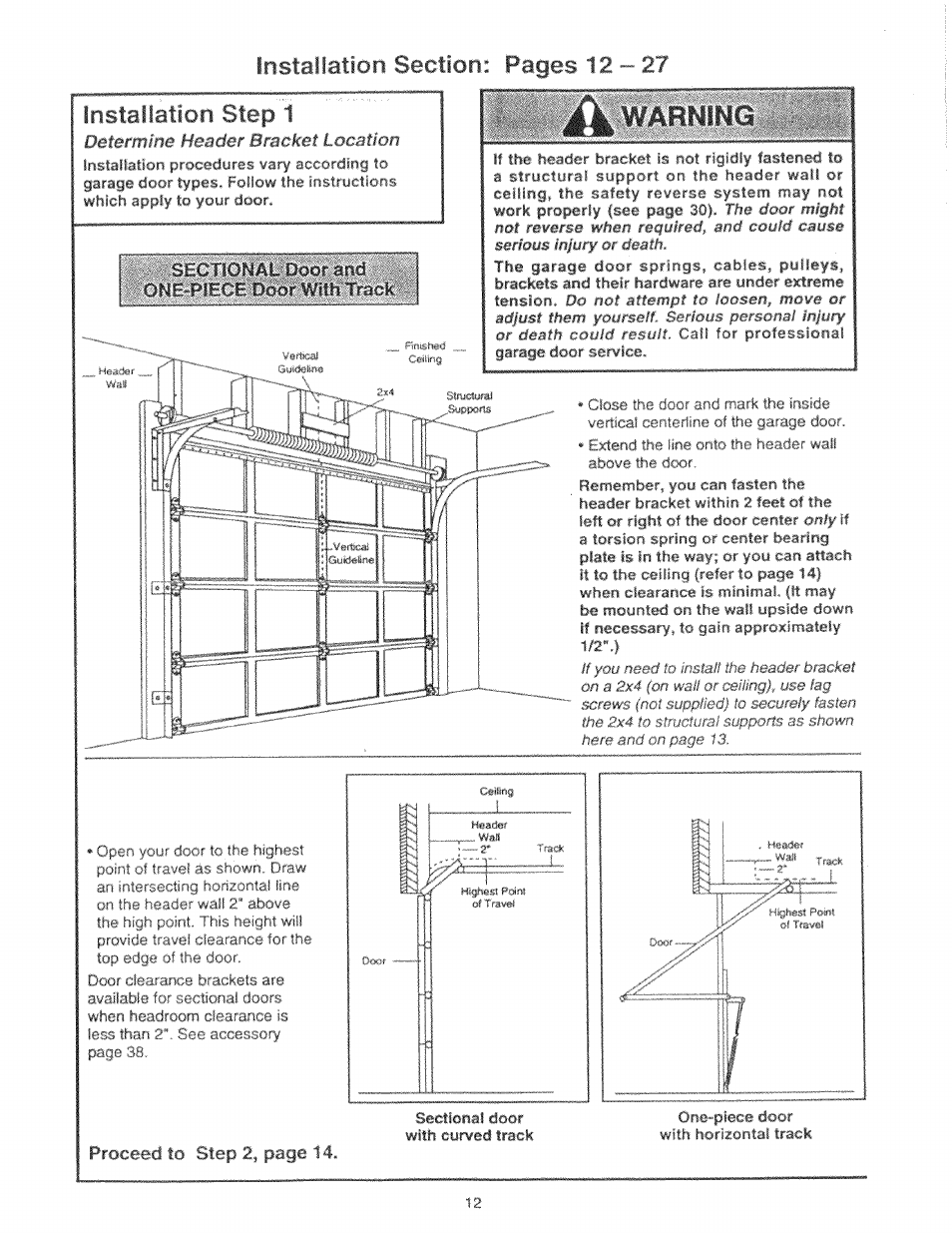 Installatioo step 1, Determine header bracket location, Proceed to step 2, page 14 | Craftsman 139.53225SRT User Manual | Page 12 / 40