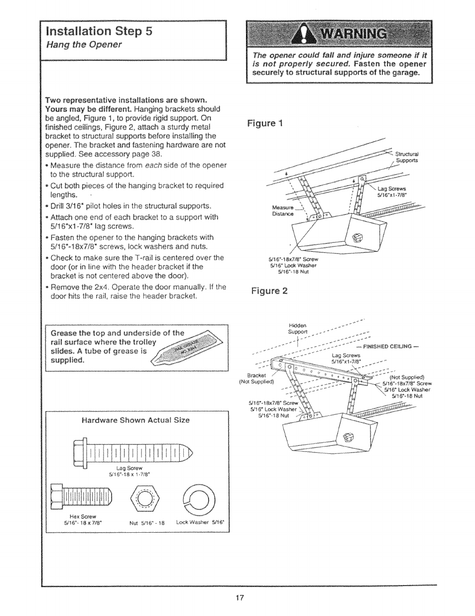 Installation step 5, Figure 1, Figure 2 | Hang the opener | Craftsman 139.53225SRT User Manual | Page 17 / 40