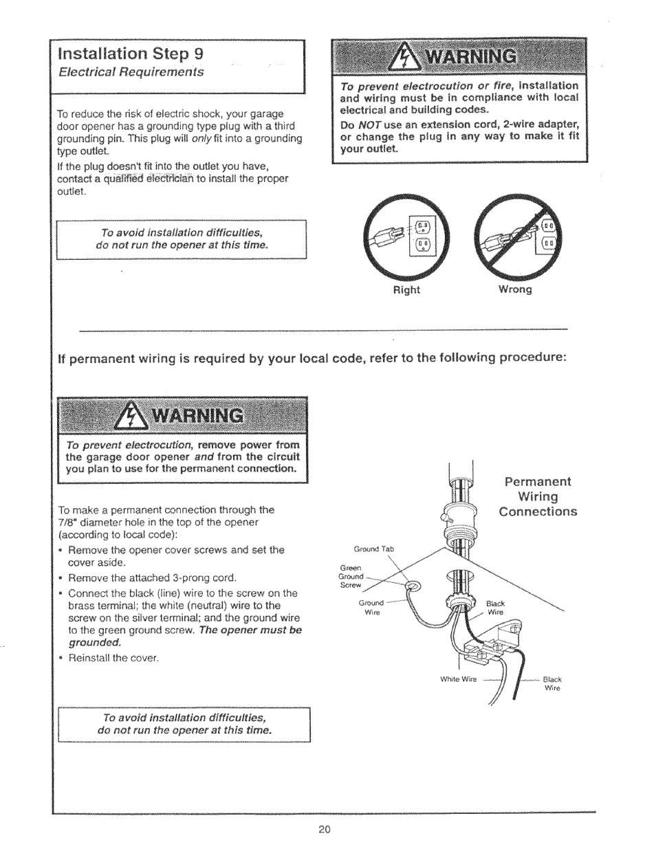 Installation step 9, Electricai requirements | Craftsman 139.53225SRT User Manual | Page 20 / 40