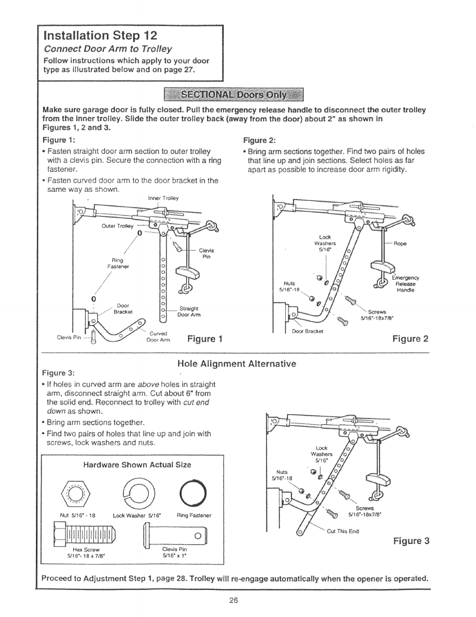 Installation step 12, Connect door arm to troney, Hole aligrwtiertt alternatlye | Craftsman 139.53225SRT User Manual | Page 26 / 40