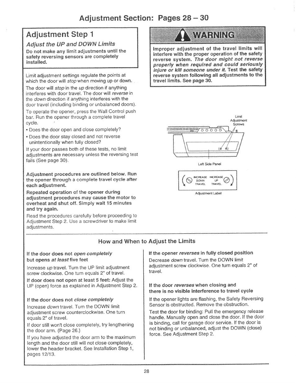 Adjustment step 1, How and whmn to adjust the limits, Pciyos 12/ i 3 | Ad^usl the up and down limits, Eyejo, Ryf'm | Craftsman 139.53225SRT User Manual | Page 28 / 40