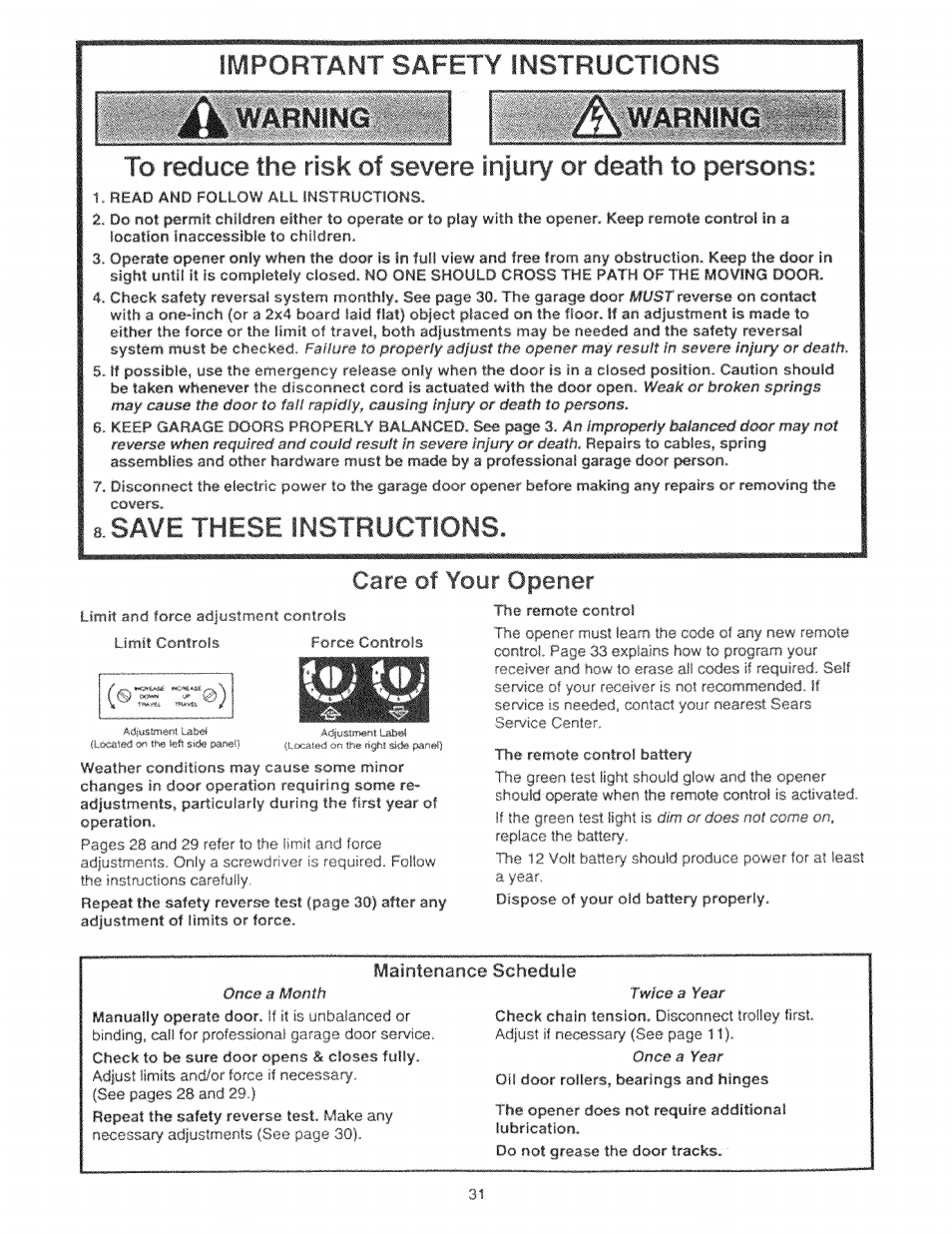 Care of your opener, M:aintenance sciiedul-e, Fv warning i | Important safety instructions, Save these, Instructions | Craftsman 139.53225SRT User Manual | Page 31 / 40