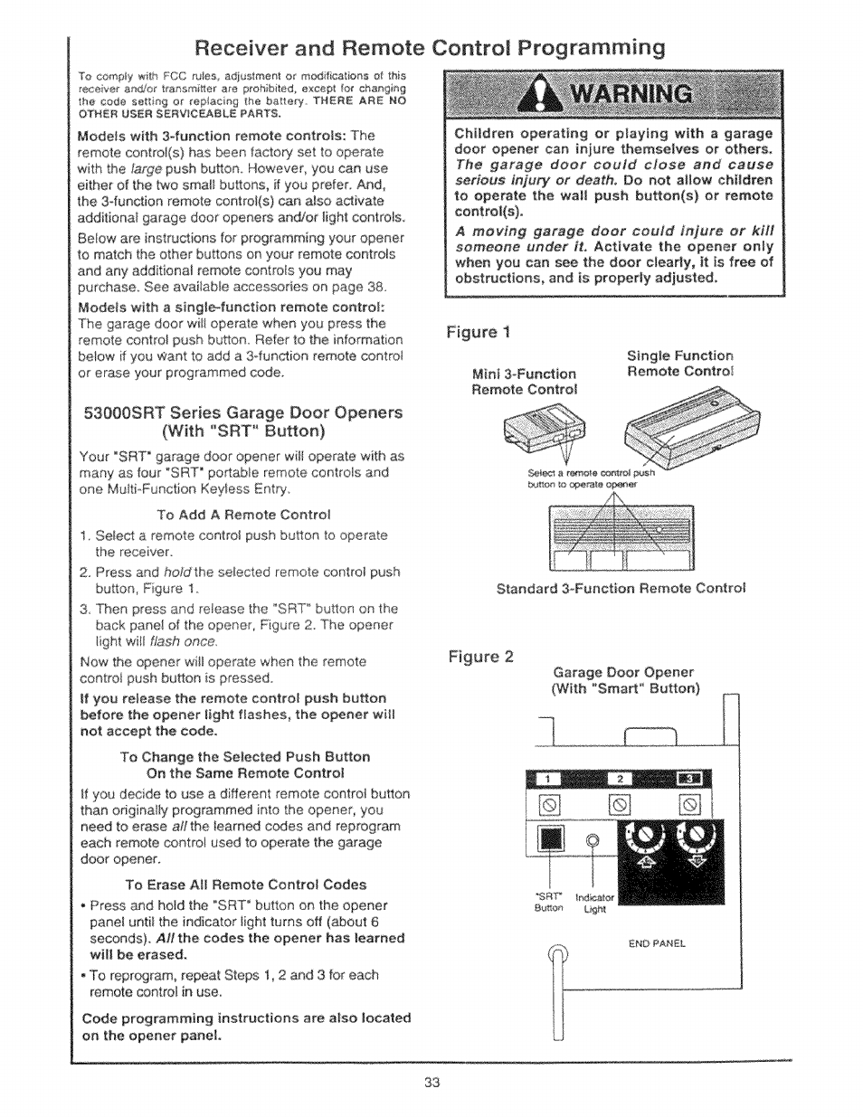 Receiver and remote control programming, Àk warning, Figure 1 | Figure 2, Tlte, Емо panel | Craftsman 139.53225SRT User Manual | Page 33 / 40