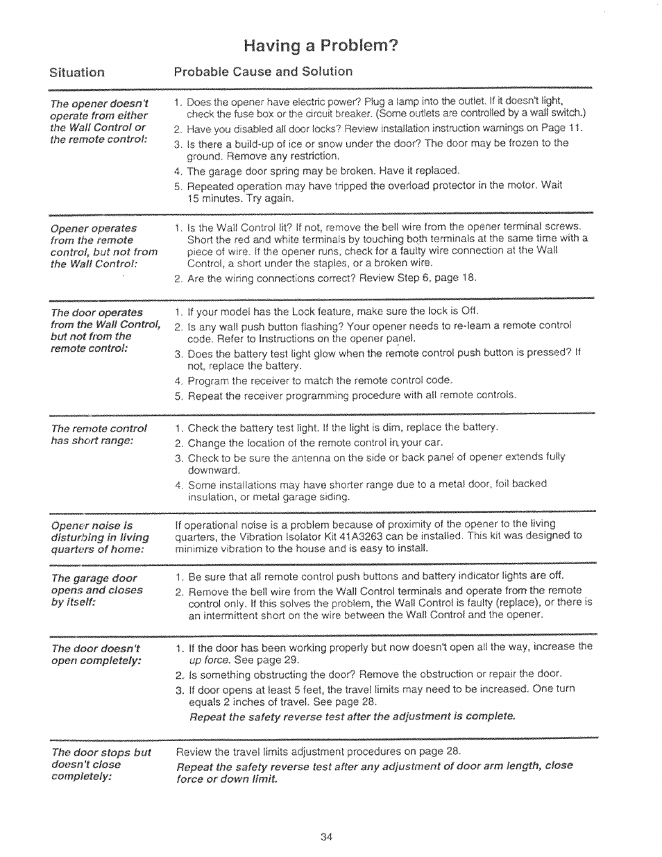 Having a problem, Probabie cause and solution | Craftsman 139.53225SRT User Manual | Page 34 / 40