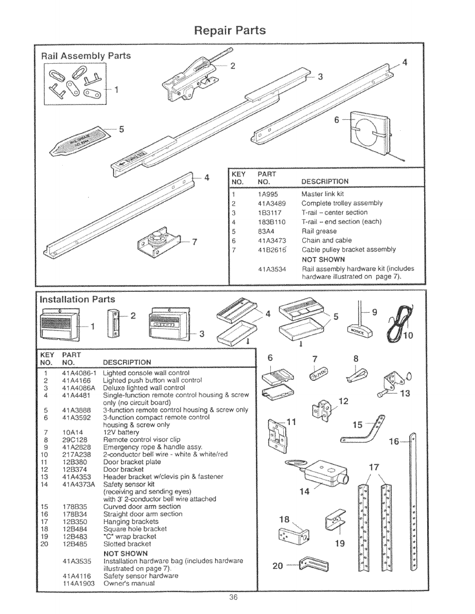 Repair parts, Rail assembly parts, Installation parts | C. - av 1 / 3 ^ 6 у . 1 l, 1t i | Craftsman 139.53225SRT User Manual | Page 36 / 40