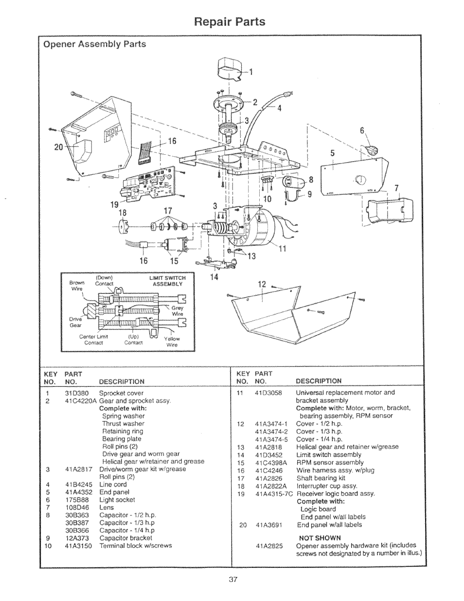 Repair parts, Opener assembly parts | Craftsman 139.53225SRT User Manual | Page 37 / 40