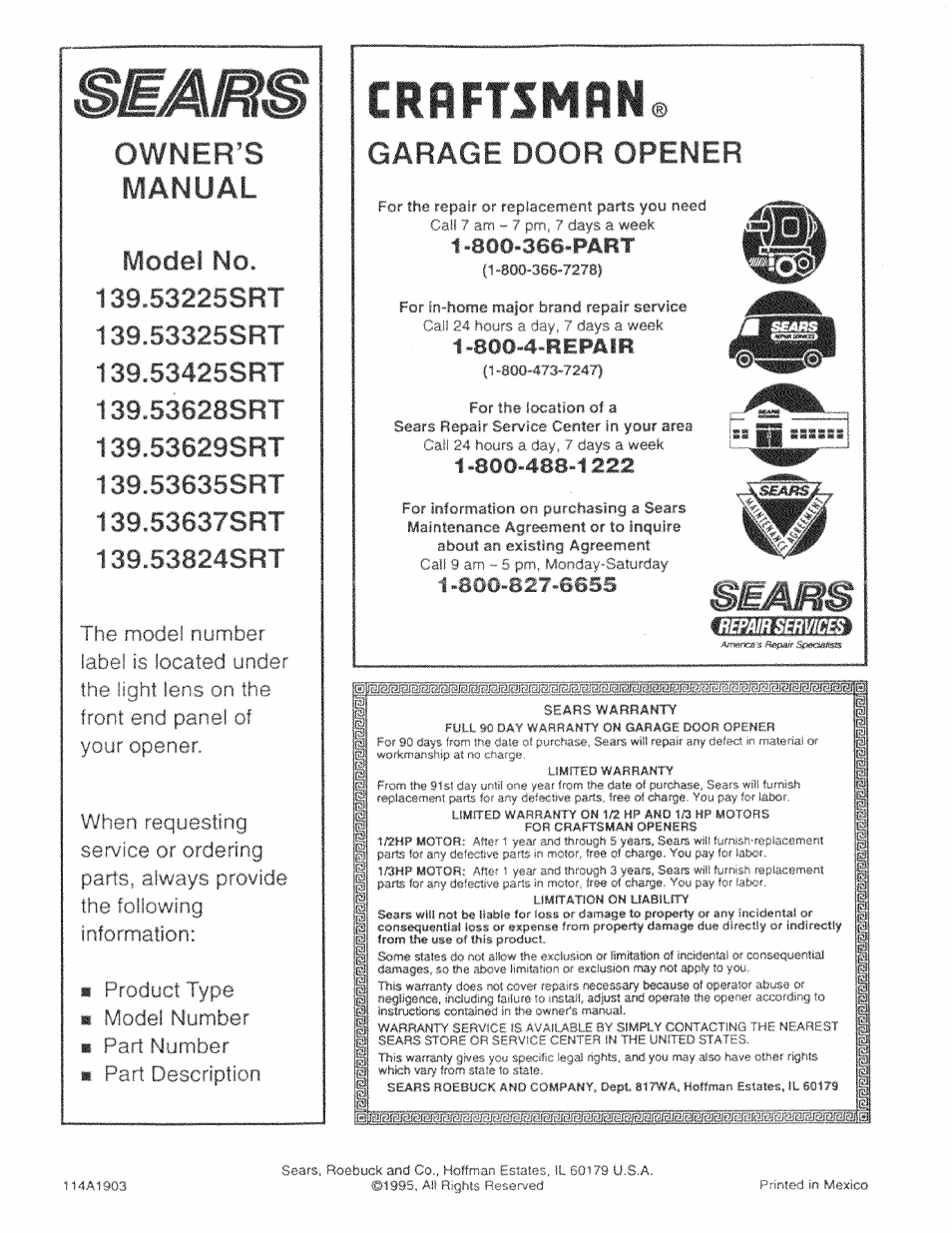 Owner’s, Manual, Rodctti | Owner’s manual, Garage door opener, Ri r i jth i® i, Model no, The mode! number label, Located under the light tens, Product type ■ model number | Craftsman 139.53225SRT User Manual | Page 40 / 40