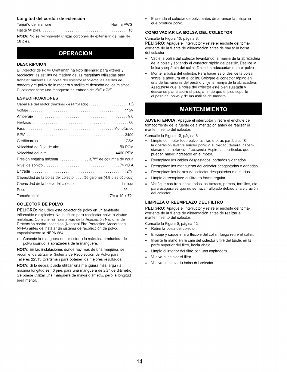 Operacion, Mantenimiento | Craftsman 351.223140 User Manual | Page 14 / 16