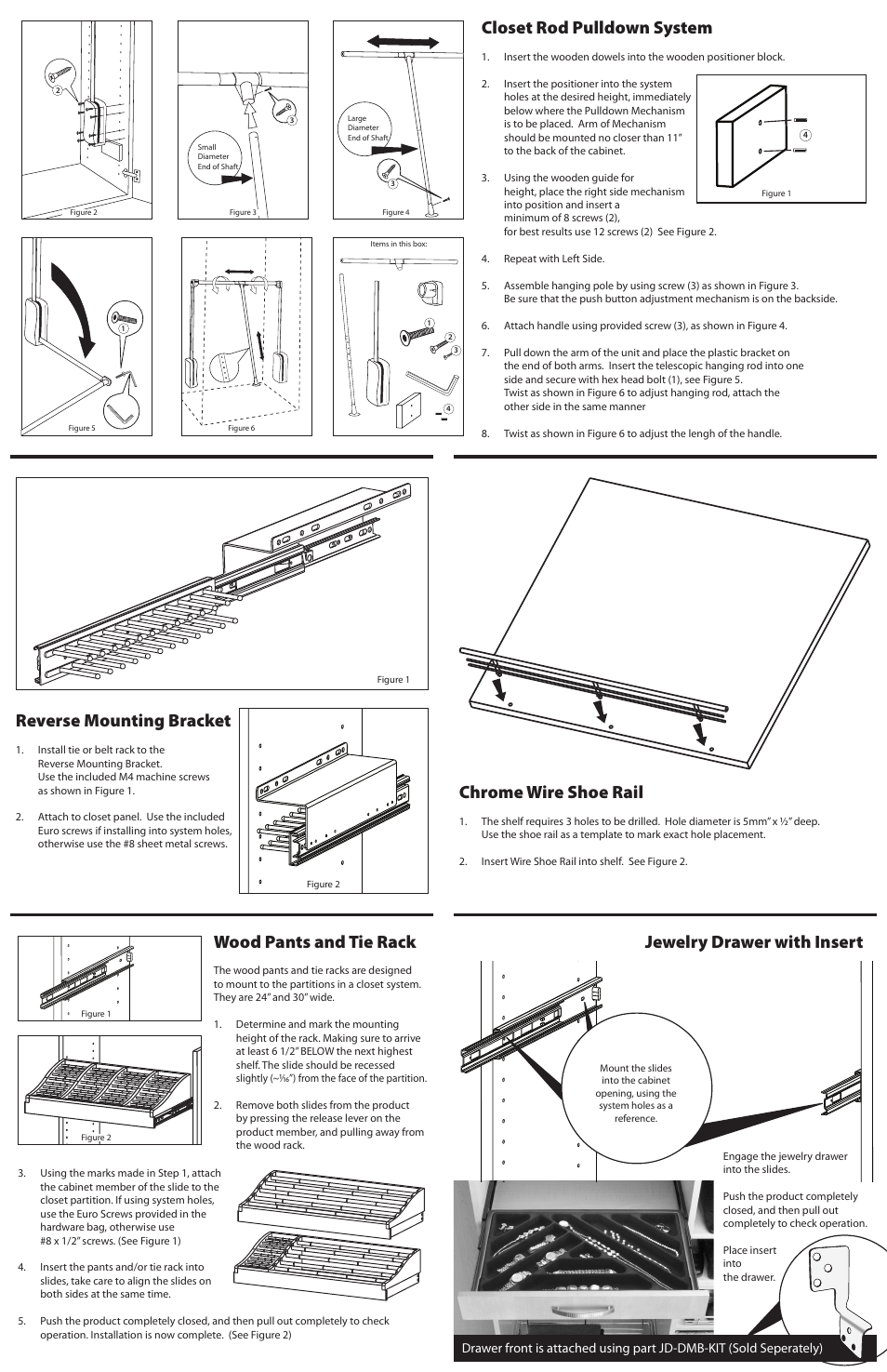 Closet rod pulldown system, Reverse mounting bracket, Chrome wire shoe rail | Wood pants and tie rack, Jewelry drawer with insert | Rev-A-Shelf CRMB-12CR-5 User Manual | Page 2 / 2