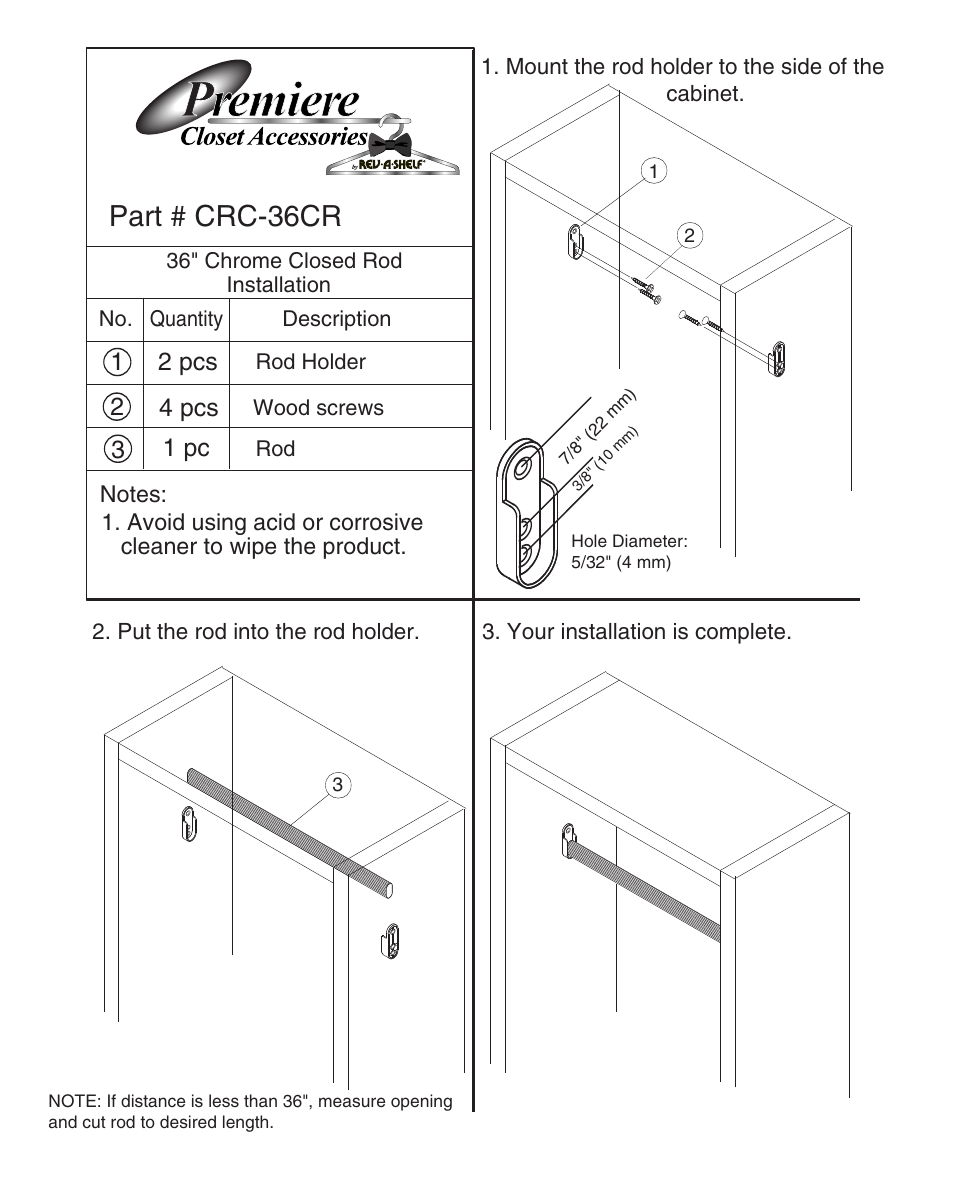 Part # crc-36cr, 12 2 pcs 1 pc, 34 pcs | Rev-A-Shelf CTMB-24-52 User Manual | Page 2 / 8