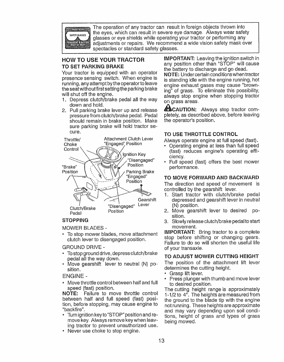 To set parking brake, Stopping, To use throttle control | To move forward and backward, To adjust mower cutting height | Craftsman 917.28903 User Manual | Page 13 / 64