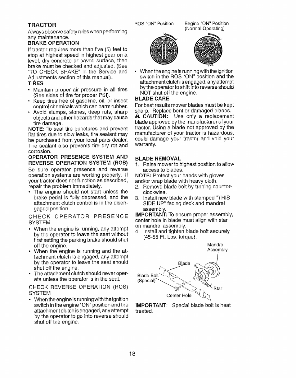 Tires, Blade care, Blade removal | Craftsman 917.28903 User Manual | Page 18 / 64