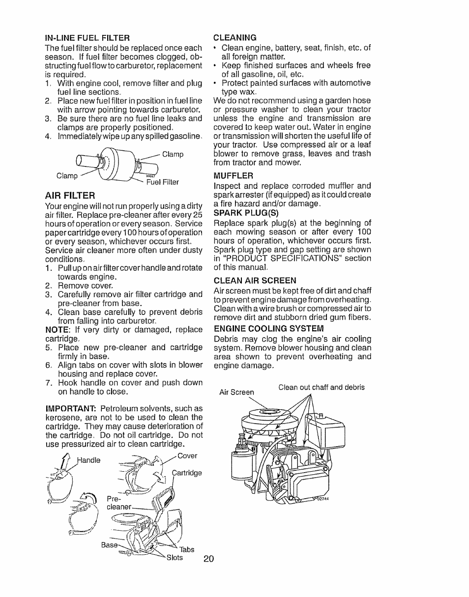 In-line fuel filter, Cleaning, Muffler | Spark plug(s), Clean air screen, Engine cooling system | Craftsman 917.28903 User Manual | Page 20 / 64
