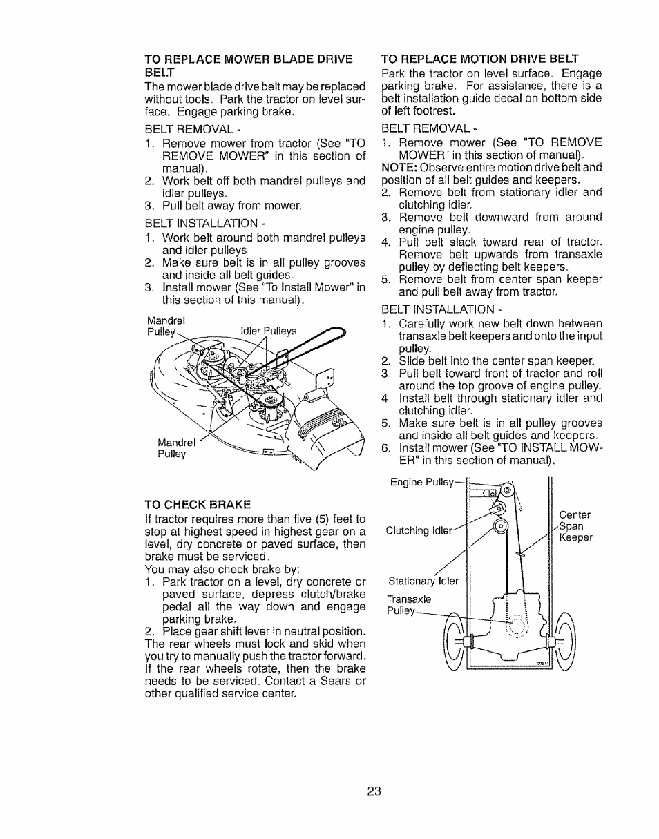 To replace mower blade drive belt, To check brake | Craftsman 917.28903 User Manual | Page 23 / 64