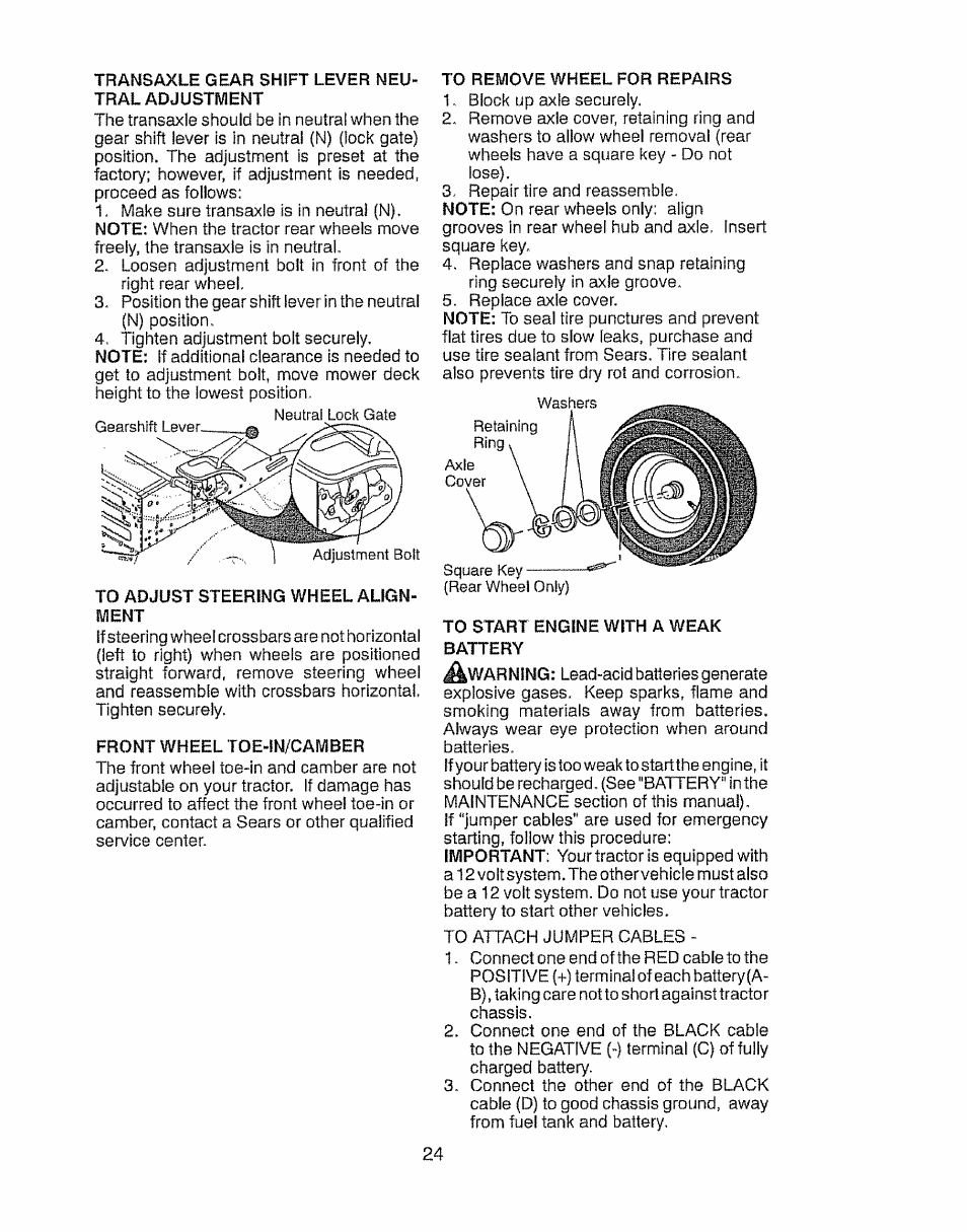 Transaxle gear shift lever neutral adjustment, To adjust steering wheel alignment, Front wheel toe-in/camber | To remove wheel for repairs, To start engine with a weak battery | Craftsman 917.28903 User Manual | Page 24 / 64