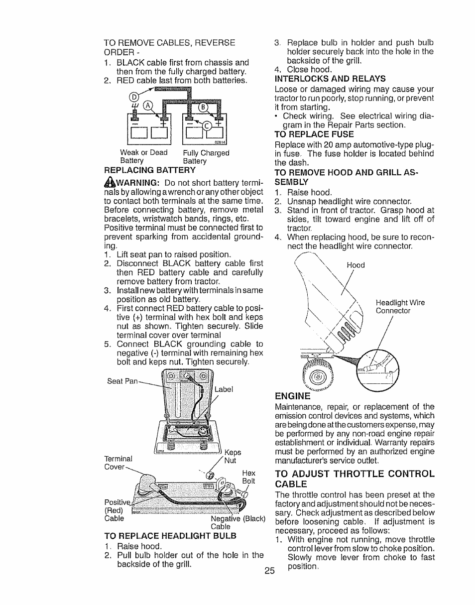 To replace headlight bulb, Interlocks and relays, To remove hood and grill assembly | Craftsman 917.28903 User Manual | Page 25 / 64