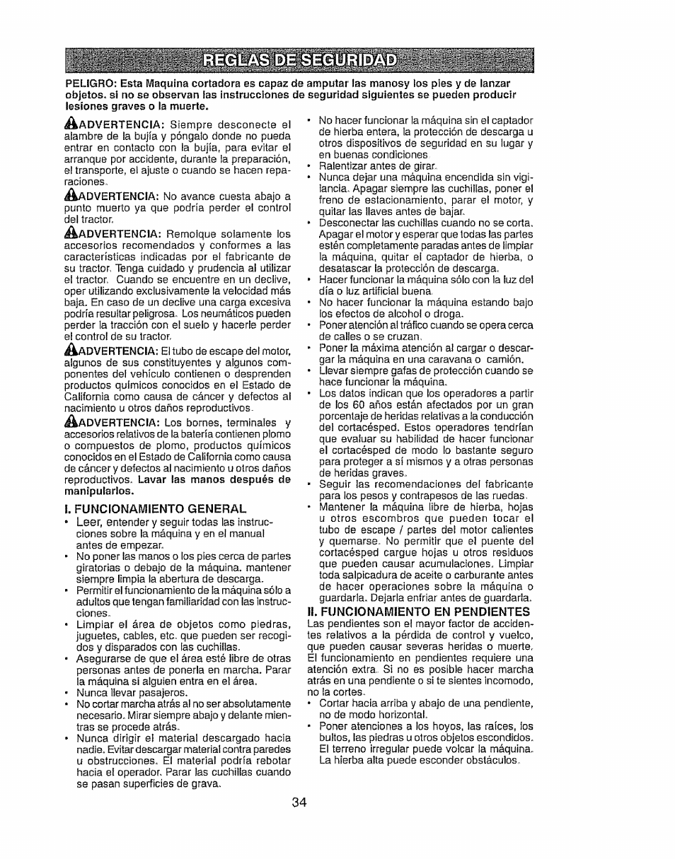 Reglas de segurid, I. funcionamiento general, Funcionamiento en pendientes | Reglas de segurid it | Craftsman 917.28903 User Manual | Page 34 / 64
