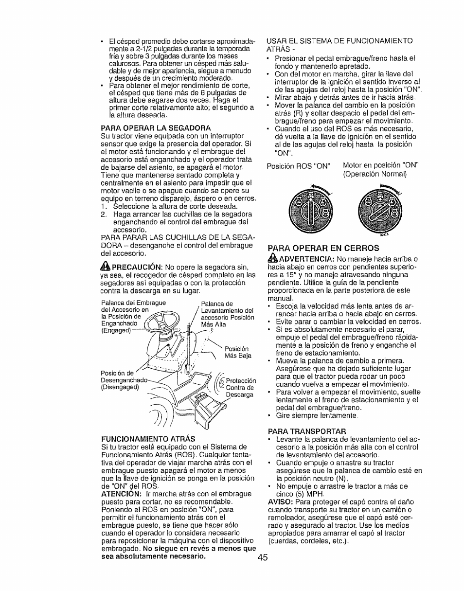 Para operar en cerros | Craftsman 917.28903 User Manual | Page 45 / 64