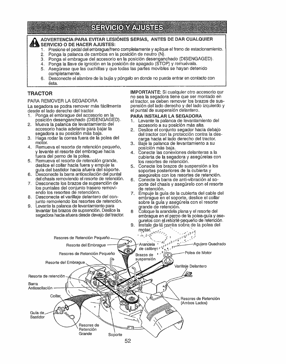 Tractor, Ervicio y ajustes | Craftsman 917.28903 User Manual | Page 52 / 64