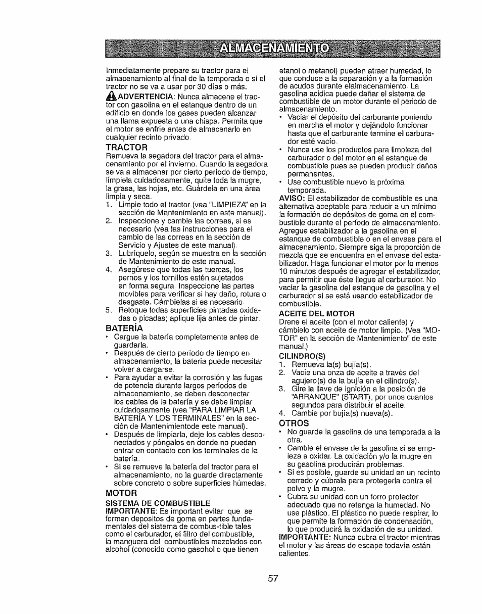 Lmacenamientq, Tractor, Batería | Motor, Otros | Craftsman 917.28903 User Manual | Page 57 / 64