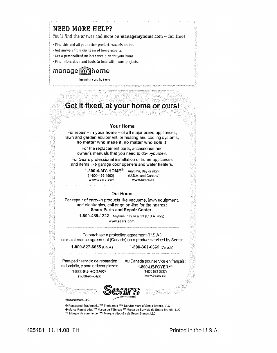 Need more help, Manage home, Get it fixed, at your home or ours | Craftsman 917.28903 User Manual | Page 64 / 64