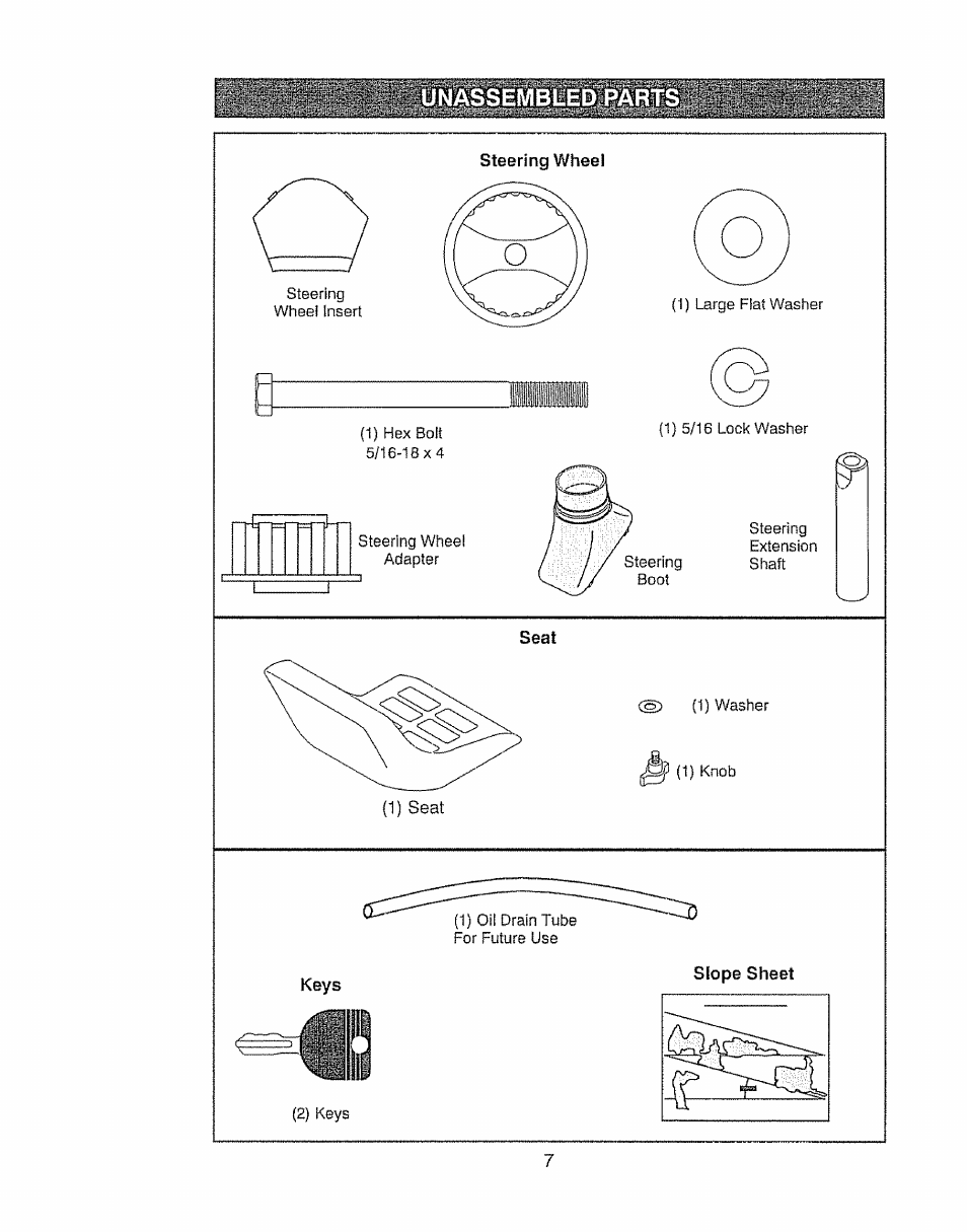 Unassembled, Steering wheel, Seat | Keys | Craftsman 917.28903 User Manual | Page 7 / 64