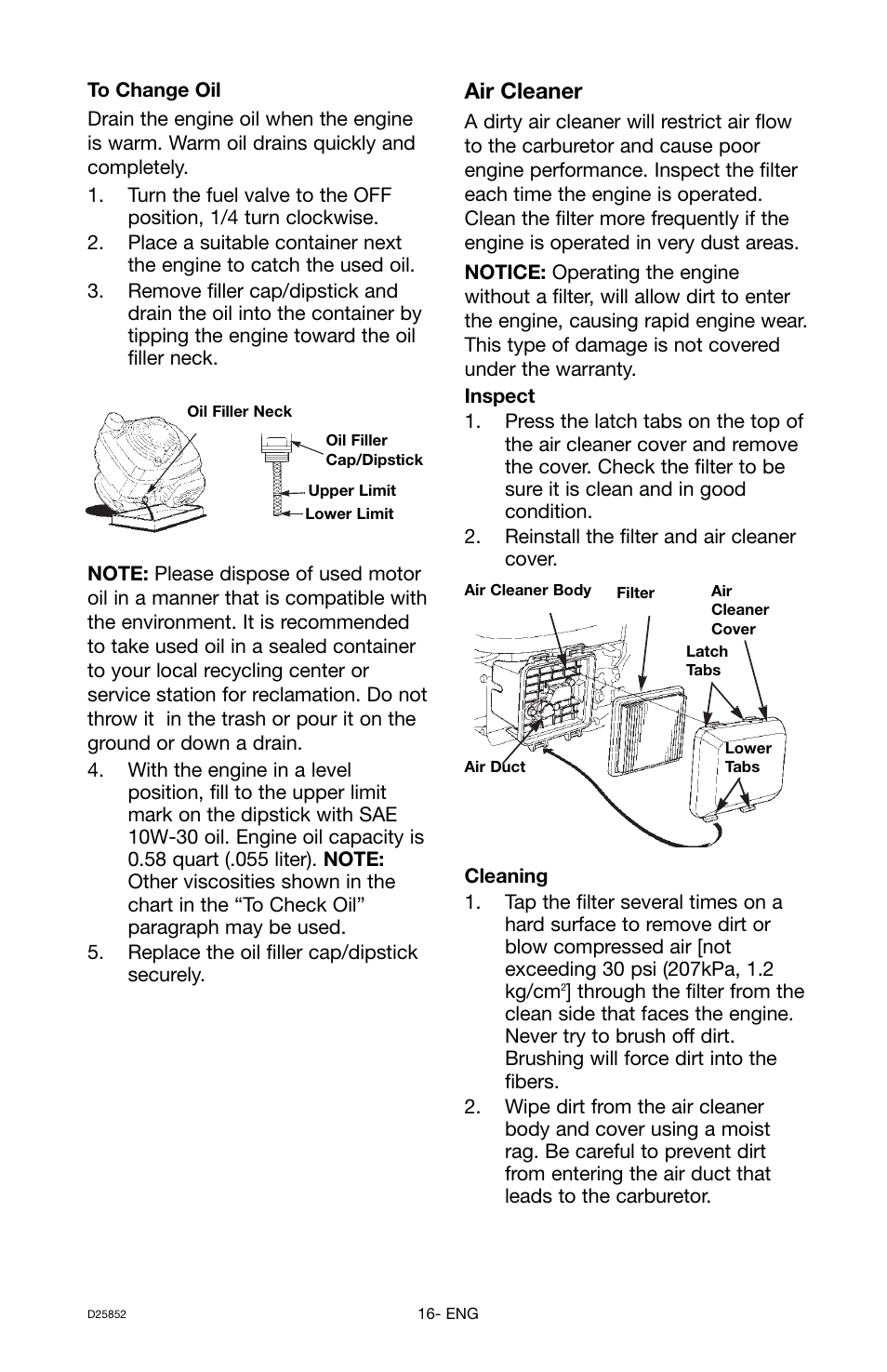 Air cleaner | Craftsman D25852 User Manual | Page 16 / 44