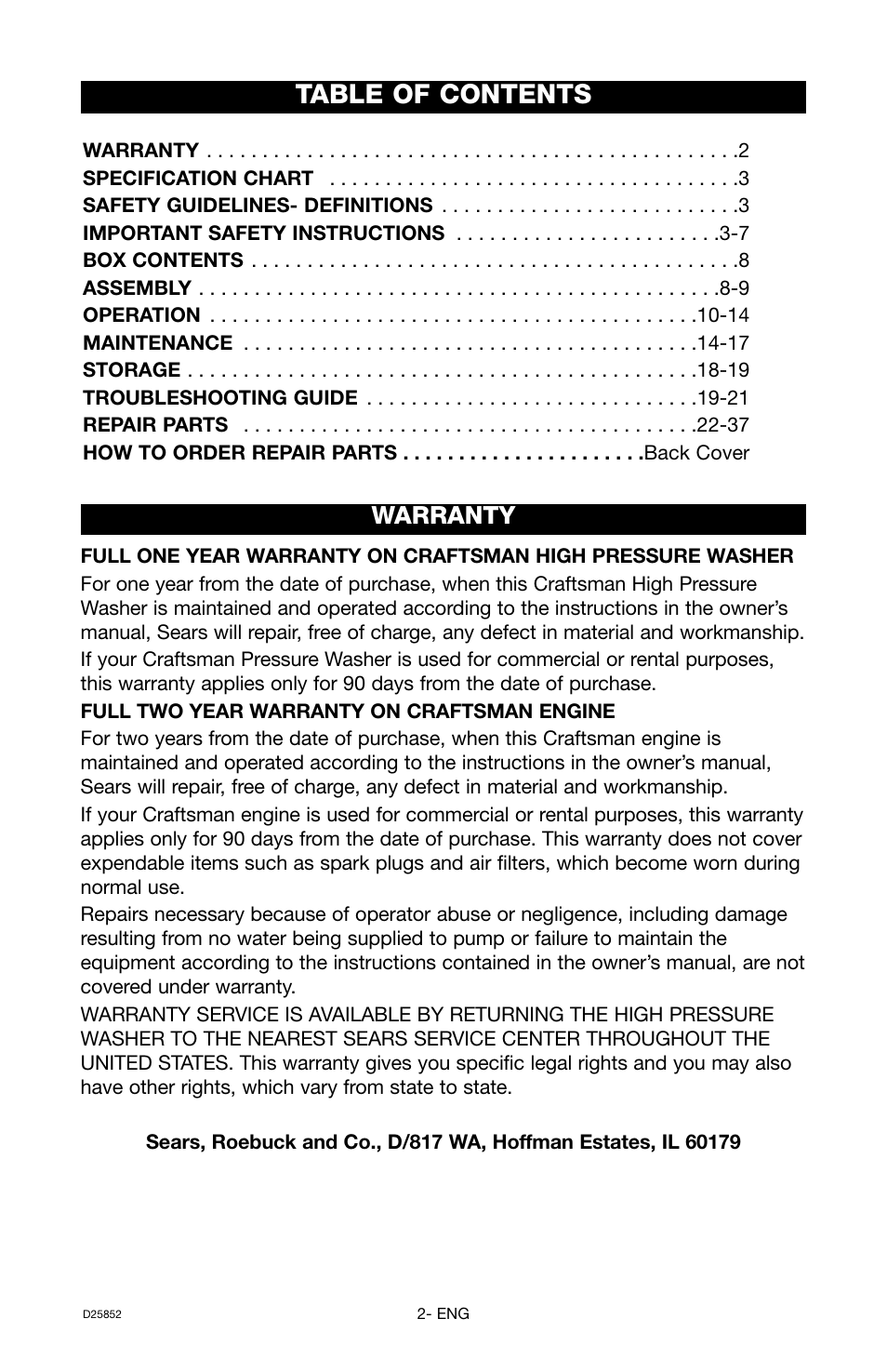 Craftsman D25852 User Manual | Page 2 / 44